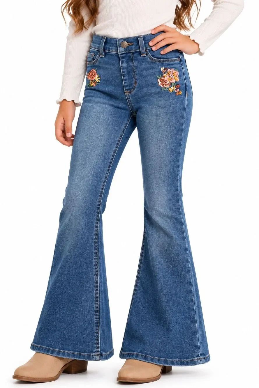 Wonder Nation Girls Boho Floral Embroidered Stretch Denim Flare Jeggings 6/6X